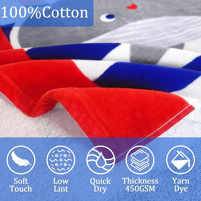 VOOVA & MOVAS Hooded Beach Towels for Kids,(3-10 Years, 30''X50),Absorbent 100% Cotton Towel Wrap for Boys, Perfect for Toddler Beach, Pool, Bath, Swimming, Hula-Hooping Narwhal