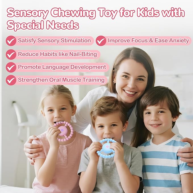 Vibrating Teething Toy with 3D Multi-Texture, Food-Grade Silicone Sensory Chew Toy for Autism Kids and Baby 3-18 Months, Baby Teething Ring for Teething Relief, Light Pink