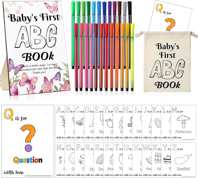 Geelin 51 Pcs Fun Baby Shower Game Activities First ABC Book Sign Coloring Game Card 26 Alphabet a to Z Coloring Card with 24 Watercolor Pen Storage Bag for Baby Shower Party(Butterfly)