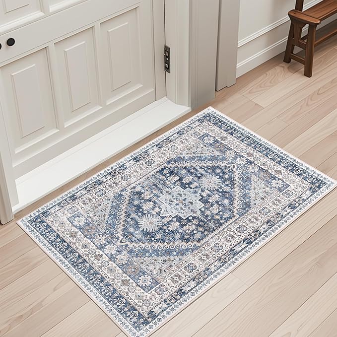 zesthome 2x3 Entryway Rug, Soft Washable Rugs, Non Slip Area Rug, Stain Resistant Low Pile Rugs for Bedroom, Vintage Rug for Door Mat, Kitchen (Blue/Beige,2'x3')