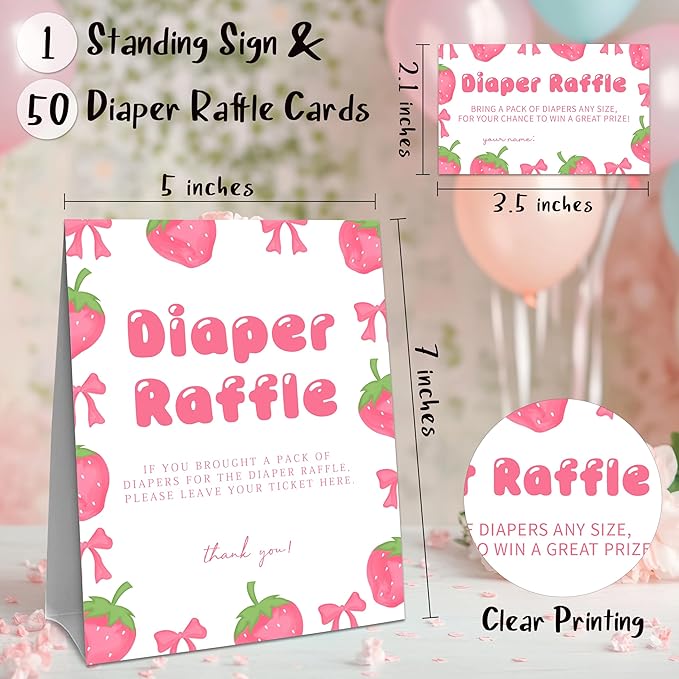 Pink Strawberry Diaper Raffle Set For Baby Shower - 50 Raffle Tickets With 1 Standing Sign - Baby Announcement, Gender Reveal Baby Shower Party Decoration Game Set - A09