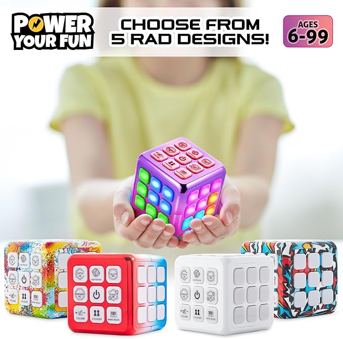Power Your Fun Cubik LED Flashing Cube Memory Game - Electronic Handheld Game STEM Toy, 5 Brain Memory Games for Kids Brain Play Sensory Toys Puzzle Fidget Toy Light Up Cube (Metallic Pink/Purple)