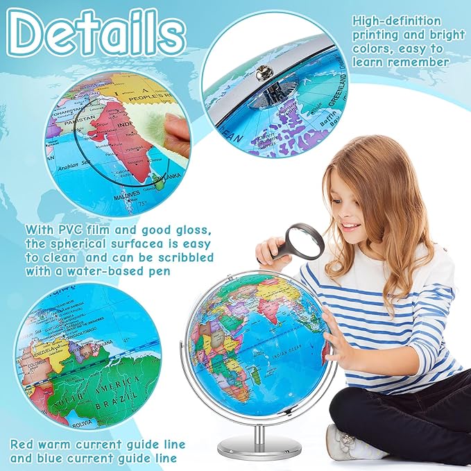 Amylove 13'' Illuminated World Globe for Adults 720°/360° Rotation Rewritable Light Up Globe with Stand World Map for Interactive Learning Light with Base Lamp LED Decor(Metal,Practical)