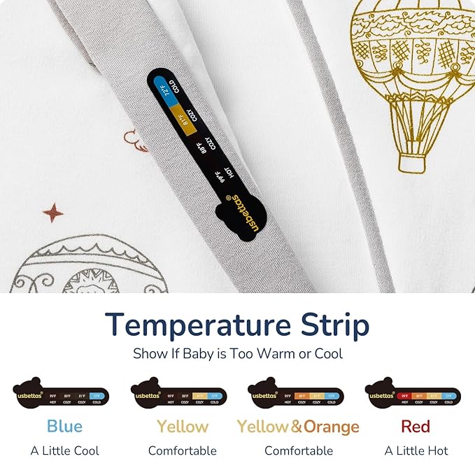 Baby Sleep Sack 6-12 Months, Cotton Detachable Long Sleeve Sleep Sack, 2.5 Tog Toddler Sleeping Sack with Temperature Strips, 2-Way Zipper Wearable Blankets for Newborns, Hot Air Balloon
