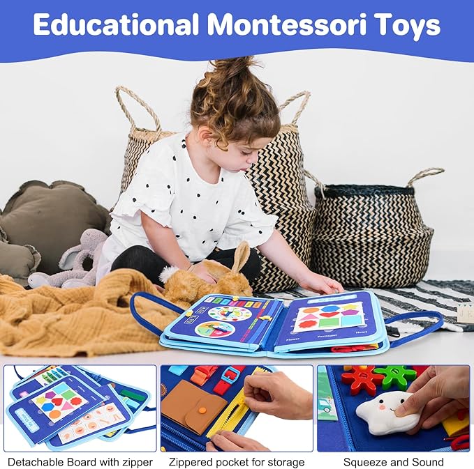 Toddler Busy Board Montessori Toys, Sensory Toys for 1 2 3 4 Year Old Boy, Busy Book Travel Educational Activities for Learning Fine Motor Skills Birthday Gifts (Blue Dinosaur/P10)