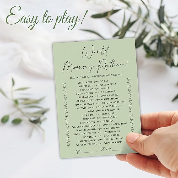 30 Pcs Minimalist Green Baby Shower Game Cards, Would Mommy Rather Game, Baby Shower Games To Play With Family And Friends, Baby Announcement, Gender Reveal Party Supplies - A06