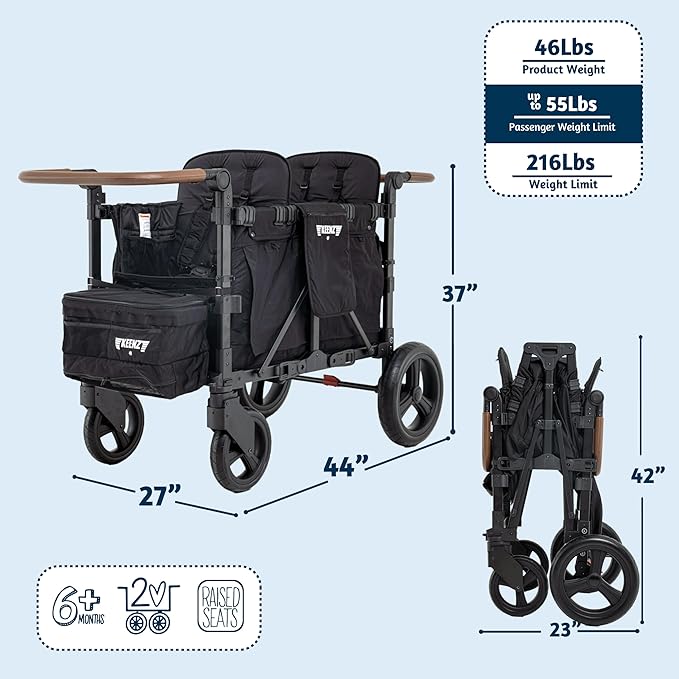 Keenz XC EVO - Luxury 2 Passenger Stroller Wagon for Kids | Foldable 2 Passenger Quad Seater with Adjustable Canopy | Black
