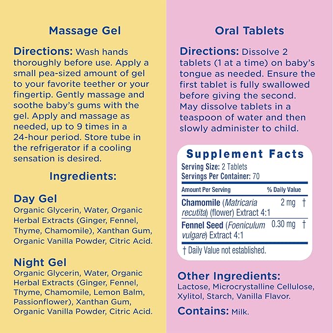 Mommy's Bliss Organic Little Gums Soothing Massage Gel & Oral Tablets Day and Night Combo, Age 2 Months+, Sugar Free, Mild & Sweet Flavor| 2-0.53 Oz Tubes + 1 Bottle (140 Tablets)