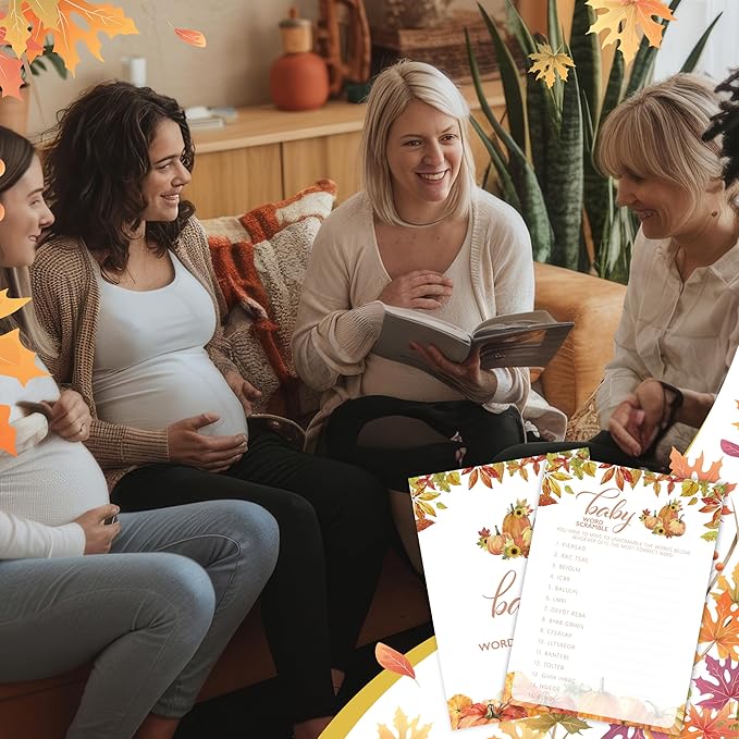 Fall Baby Shower Games, Baby Word Scramble Cards, 5x7 in, Thanksgiving Baby Shower Party Favor Decorations Supplies - A07