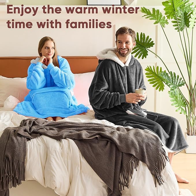 yescool Wearable Blanket Hoodie - birthday gifts for Adults/Women/mom, Flannel Cozy Sherpa Fleece Blanket Sweatshirt with Hood, Pocket & Sleeves, Large, One Size Fits All (Turquoise)