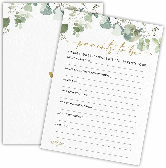 Parents To Be Advice Baby Shower Game Cards - Golden Greenery - 30 Double-Sided Fill In Style Game Cards For Gender Reveal, Baby Announcement, Party Games & Activity - D08