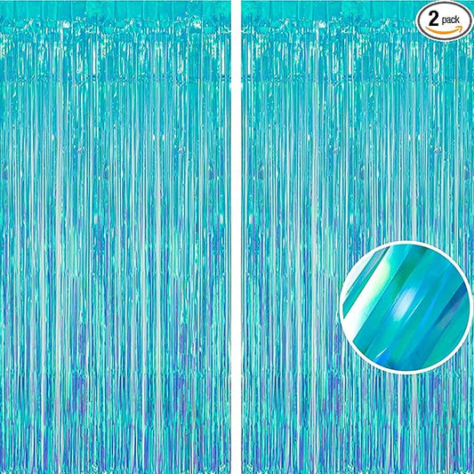 BRAVESHINE Party Decorations Iridescent Foil Fringe Backdrop - 2 Packs 3.2 x 6.5 ft Holographic Tinsel Backdrop Party Streamers Curtain for Birthdays Mermaid Sea Frozen Christmas Parties - Clear Blue
