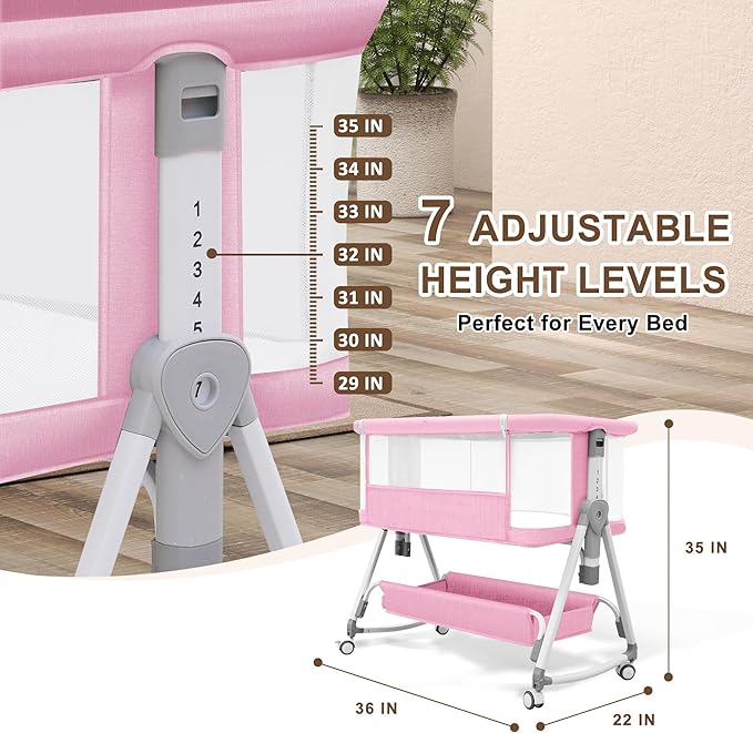 Baby Bassinet with Musical Toy,3 in 1 Baby Bassinets Bedside Sleeper,All Mesh Bedside Bassinet with Storage Basket and Wheels,7 Height Adjustable Bedside Crib for 0-6 Months Baby (Pink)