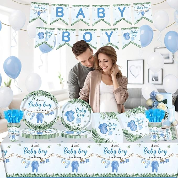 Baby Shower Decorations, Boy Baby Shower Decorations Include Plates Napkins Cups Banner Tablecloth and Forks, Serve 20