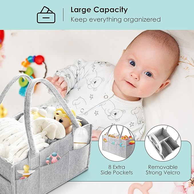 HIPHOP PANDA 2-Pack Diaper Caddy Organizer - Nursery Storage Bin & Car Organizer for Diapers, Wipes, and Baby Essentials - Dual-Color Solid Set (Grey/Green), Large Size