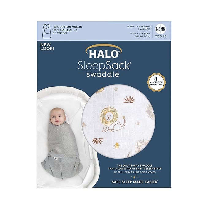 HALO 100% Cotton Sleepsack Swaddle, 3-Way Adjustable Wearable Blanket, TOG 1.5, Lions, Small, 3-6 Months