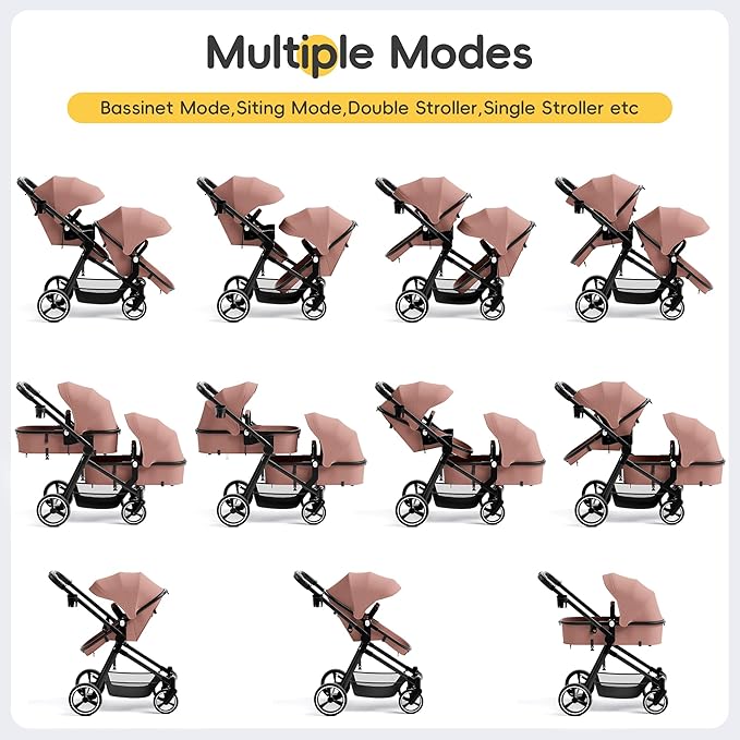 MU Double Stroller, Foldable Twin Tandem Stroller with Adjustable Backrest, Reversible Seat, 5-Point Harness, Storage Basket, Convertible Baby Bassinet for Infant and Toddler, Pink