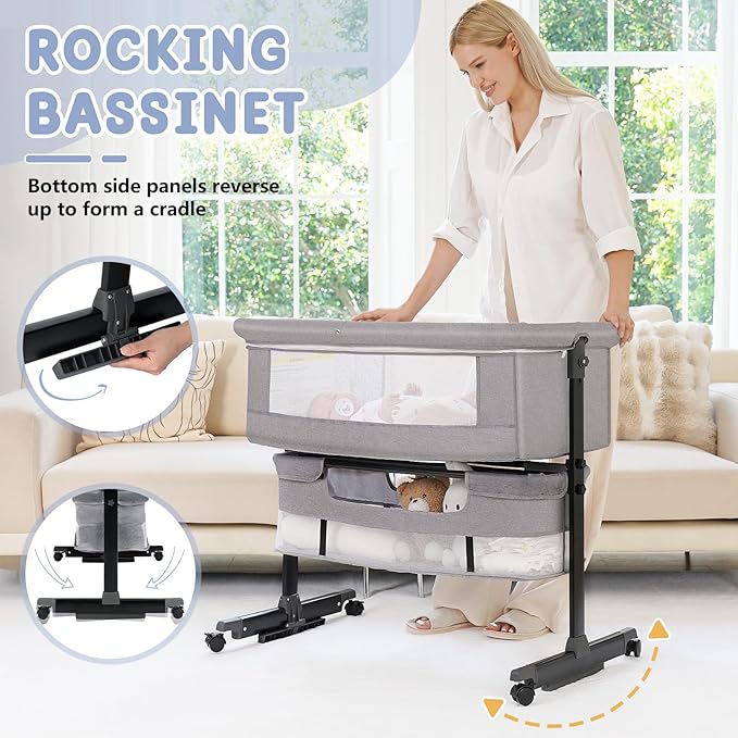 Baby Bassinet, 3 in 1 Bassinets Bedside Sleeper, Adjustable Height Bedside Sleeper with Rocking Mode, Breathable Mesh, Storage Basket, Wheels, Easy Assemble & Folding (Gray)