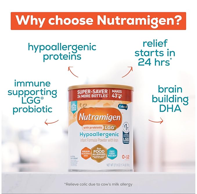 Enfamil Nutramigen Hypoallergenic Baby Formula with Iron, Lactose Free, Colic Relief from Cow's Milk Allergy Starts in 24 Hours, Brain Building DHA, Probiotic LGG for Immune Support, 27.8 Oz, 4 Count