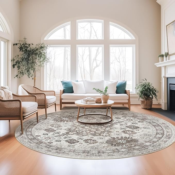 zesthome Washable Round Area Rugs - Non-Slip 6ft Round Rugs, Ultra-Thin Large Circle Rugs for Living Room, Soft Low Pile Rug for Bedroom, Kitchen, Nursery - Vintage Round Rug(Brown/Beige,6'x6')