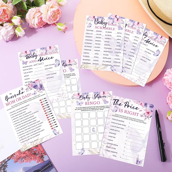 Jetec 302 Pcs Butterfly Theme Baby Shower Games - 6 Games, 50 Sheets Each - Shower Party Bingo, Word Scramble, Word Search, Predictions and Advice, The Price is Right, Guess Who