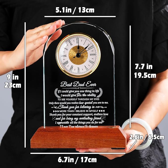 Glass Clock Gifts for Dad From Son Daughter with Wooden Light Base, Personalized I Love You Gift for Dad Who Has Everything on Birthday Father's Day, Presents for Daddy on Christmas Home Desk Clock