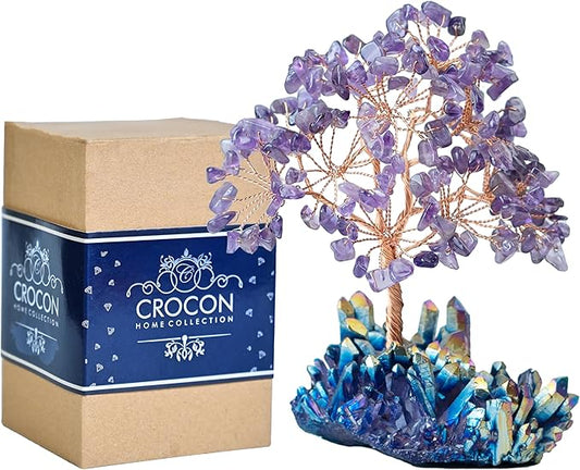 Amethyst Crystal Tree with Rainbow Titanium Cluster Base Tree of Life Decor for Shelf, Bedroom, Birthday Gifts for Women, Sister Birthday Gift for Mom, Cute Home Purple Decor Present