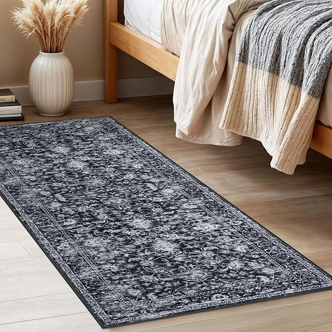 KILOCOCO Washable Runner 2x5 Rug Runner Printed Vintage Floral Kitchen Runners Non-Slip Rubber Backed Runners for Hallways Distressed Thin Soft Rugs for Entryway Laundry Room, Black/White