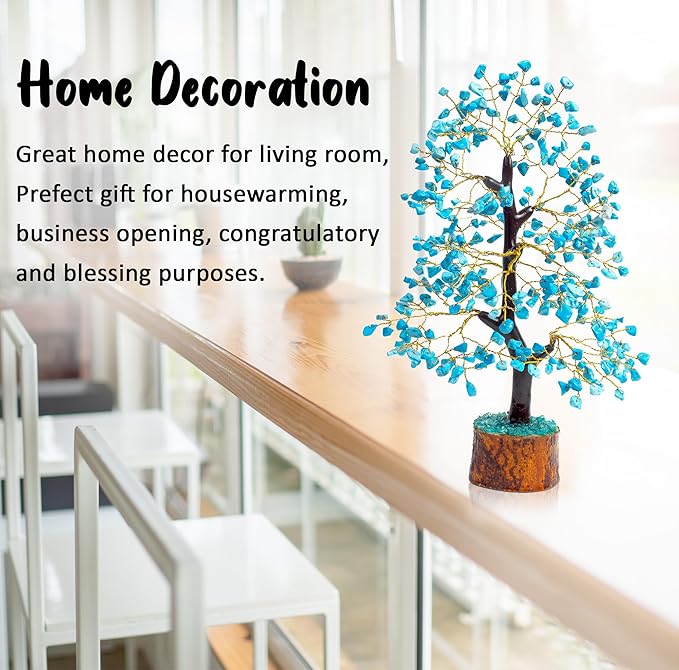 Crocon Turquoise Gemstone Tree Feng Shui Figurine Money Bonsai Good Luck Chakra Balancing Reiki Healing Crystals Decoration Ornament Sculpture Prosperity Table Decor Gift Size 10-12"