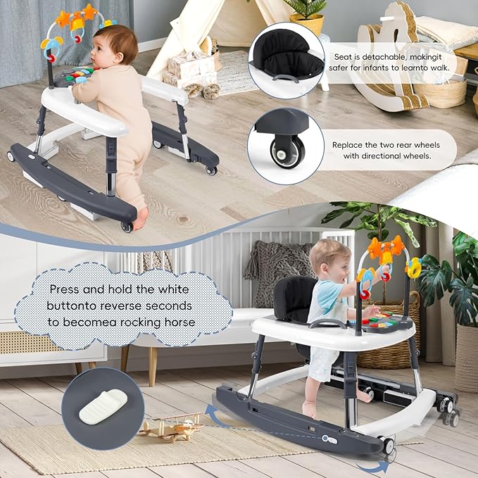 5-in-1 Music and Lights Baby Walker Foldable with 5 Adjustable Heights, Baby Walker with Wheels and Bouncer Combo Portable, Infant Toddler Walker for Baby Boy Girls 6-18 Months