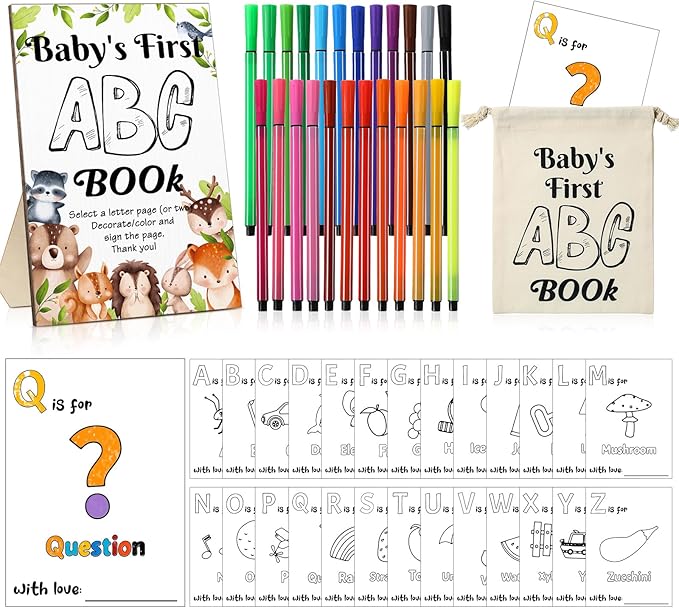 Geelin 51 Pcs Fun Baby Shower Game Activities First Abc Book Sign Coloring Game Card 26 Alphabet a to Z Coloring Card with 24 Watercolor Pen Storage Bag for Baby Shower Party(Woodland)