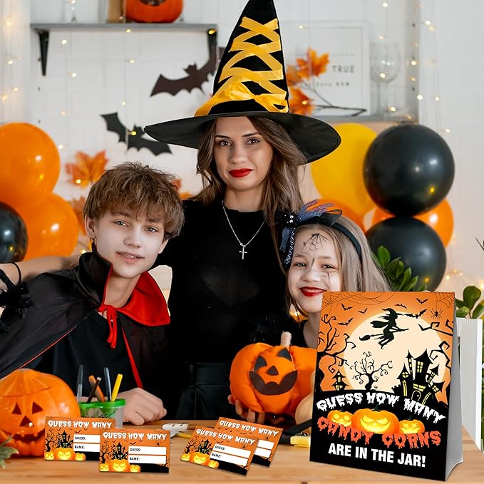 Halloween How Many Candy Corns Are In The Jar - 1 Standing Sign & 50 Guessing Cards - Halloween Witch Party Game & Decoration For Boys, Girls, Adults - Baby Shower, Birthday Game Set - A09