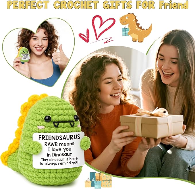 Mini Friends Gift for Women Friend Birthday Gifts I Love You Friendsaurus Handmade Positive Crochet Dinosaur for Friendship Emotional Inspirational Chrismas Thank You Gifts for Bestie Best Friend BFF