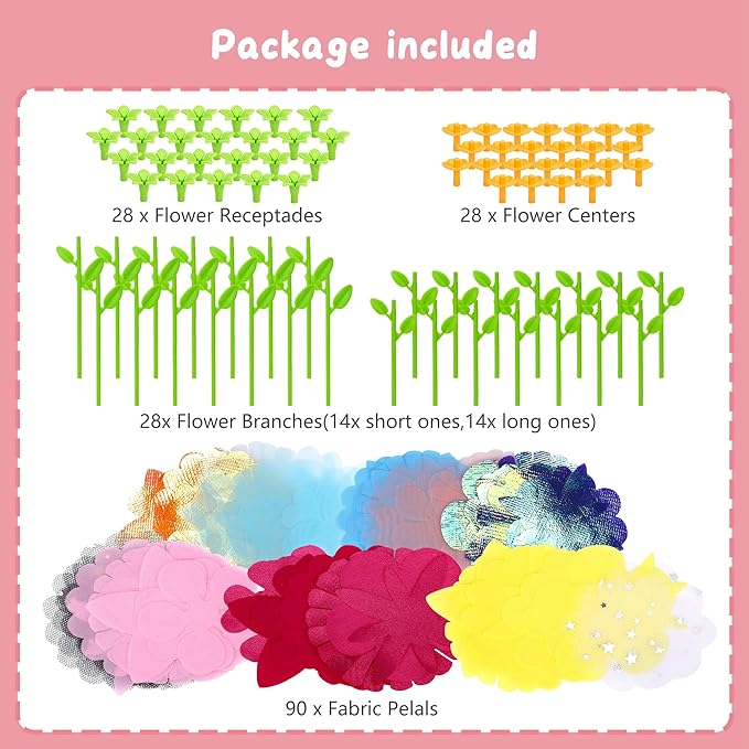 Aboofx DIY Fabric Flower Bouquet Craft Kit Refill, About 90 pcs Fabric Petals, 28pcs Stems, 28 pcs Flower Centers, 28 pcs Receptacles