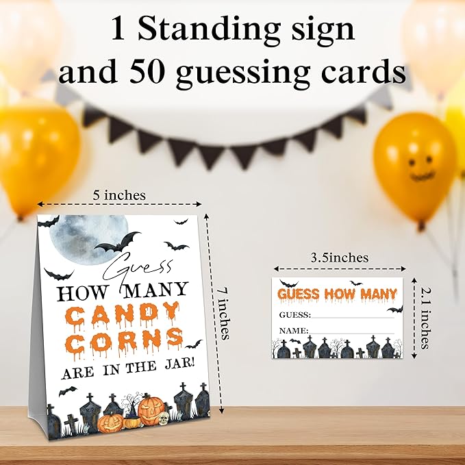 Halloween How Many Candy Corns Are In The Jar - 1 Standing Sign & 50 Guessing Cards - Halloween Party Game & Decoration For Boys, Girls, Adults - Baby Shower, Birthday Game Set - A01