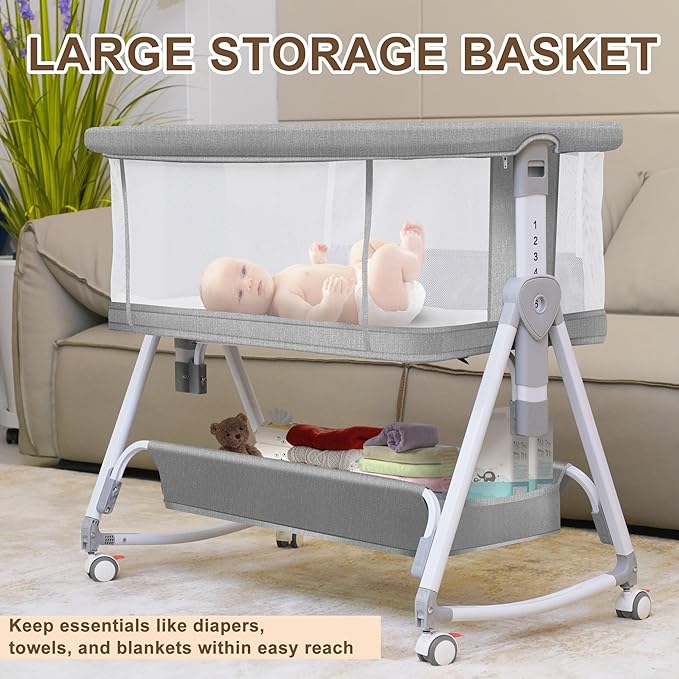 Baby Bassinet Bedside Crib, 3 in 1 Baby Bassinet Bedside Sleeper with Musical Toy, Adjustable Portable Crib All Mesh Bedside Bassinet with Storage Basket, Grey