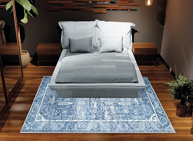 Bloom Rugs Washable Non-Slip 9' x 12' Rug - Blue Traditional Area Rug for Living Room, Bedroom, Dining Room, and Kitchen - Exact Size: 9' x 12'