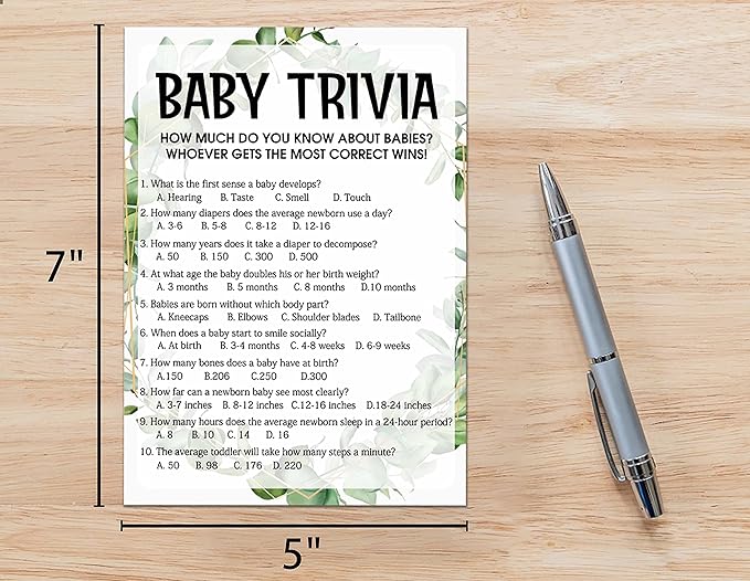 Baby Shower Game Cards, Baby Trivia Game, Tropical Jungle Theme Party Cards for Gender Neutral Boys or Girls, Set of 30 (Green002)
