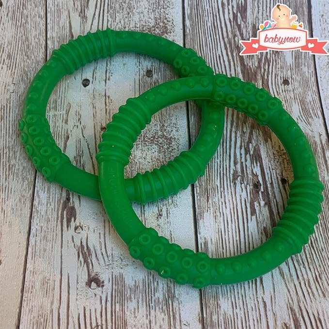 Babynow Teething Rings - Sensory Teether Ring Pacifiers for Baby 0-12 Months Sensory Chew Toy Safe Toddler Comforter Soother Infant Dummie Toy - Green 2 Pack