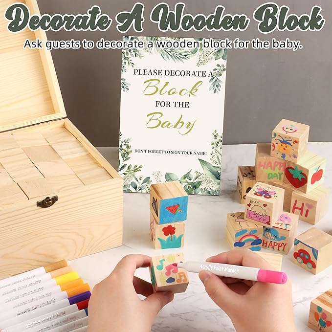 72PCS Baby Shower Games Kit with Blank Wooden Blocks, Acrylic Paint Marker, Wooden Box and Sign, Blocks Suitable for Baby Shower, Gender Reveals Party, Birthday