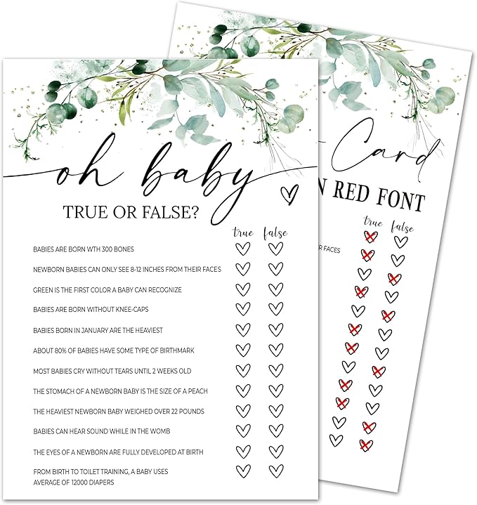 Greenery Baby Shower Game Cards - Set of 30 True Or False Game - Double Sided Print Baby Announcement Gender Reveal Card for Parents to Be - Baby Shower Party Activities Supplies - A05
