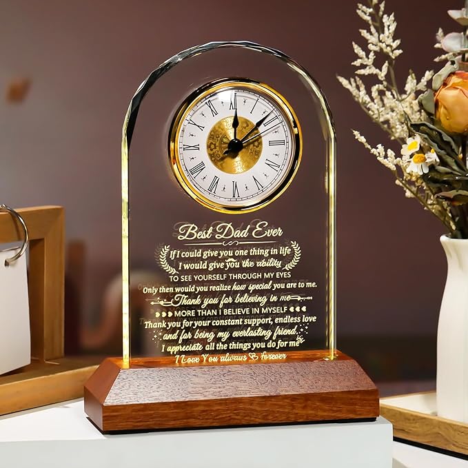Glass Clock Gifts for Dad From Son Daughter with Wooden Light Base, Personalized I Love You Gift for Dad Who Has Everything on Birthday Father's Day, Presents for Daddy on Christmas Home Desk Clock