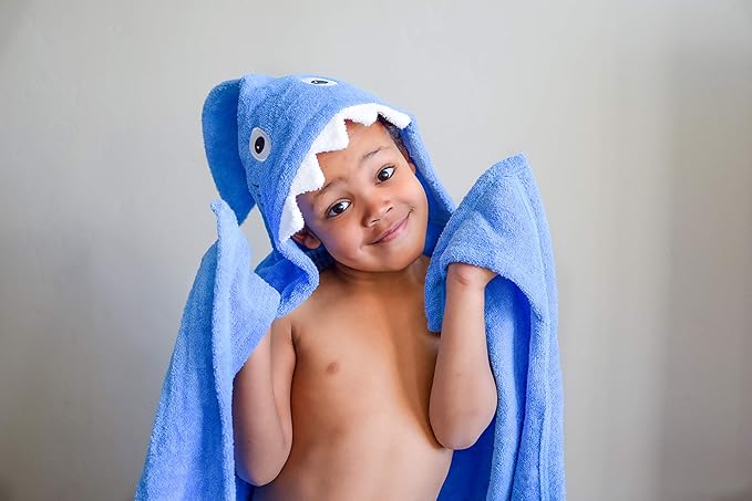Hooded Baby Towel for Kids 2-8 | Large 100% Cotton Baby Shark Towel for Boys or Girls in Blue | Unisex Cute Shark Bath Towels for Babies and Toddlers