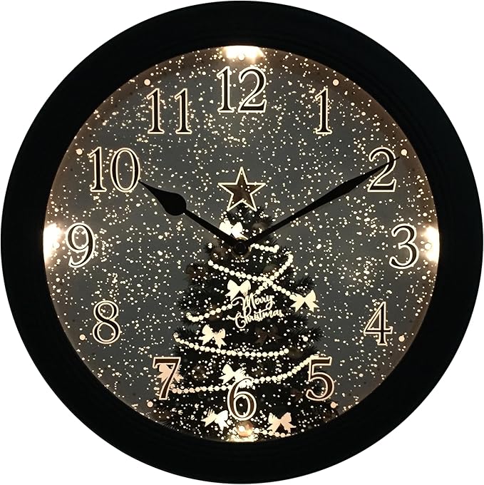 Evelyne LED Round Wall Clock - Battery Operated, Night-time Sensor - Easy-to-Read Analog for Bedroom, Office & Living Room (Christmas Tree)