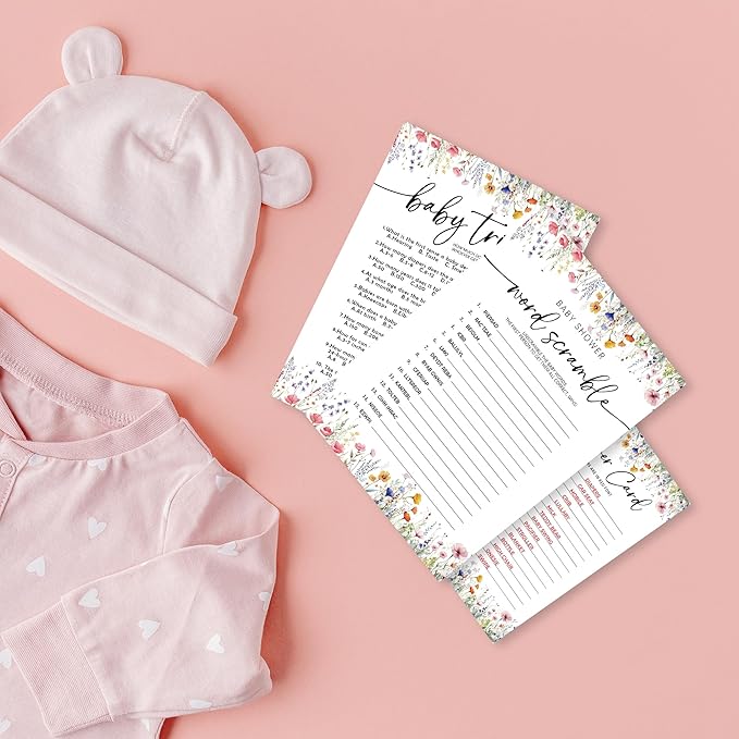 Wild Floral Baby Shower Game - Word Scramble,Baby Trivia-2 Games, 30 Pcs Double Sided Theme Game Cards With 1 Answer Card For Boy Girl, Gender Reveal Games, Baby Shower Favor And Decorations - A06