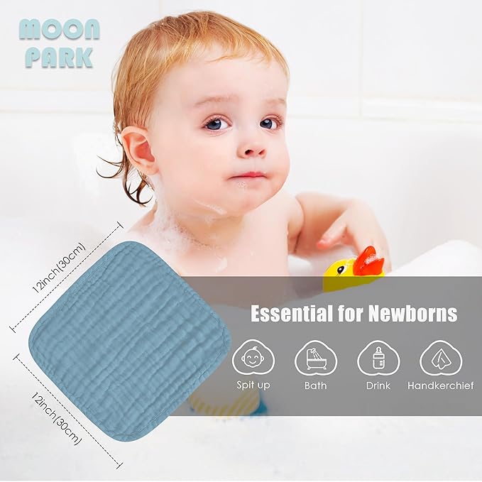 MOON PARK Baby Washcloths, 12 Pack - 12x12 Inches, Small Burp Cloths and Baby Wipes - 100% Cotton Muslin Ultra Soft for Newborn, Infant and Toddlers - Slate, Grey and Navy Series