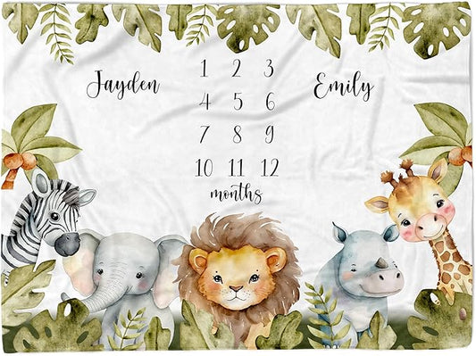 MDPrints Twin Milestone Baby Blanket, Custom Monthly Blankets for Twins Boys and Girls, Customized Gifts with Name (Twin Safari HPDK02)