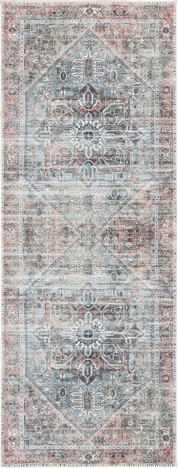 Bloom Rugs Washable Non-Slip 12 ft Runner - Light Pink/Light Blue Traditional Medallion Runner for Entryway, Hallway, Bathroom, and Kitchen - Exact Size: 2.5' x 12'