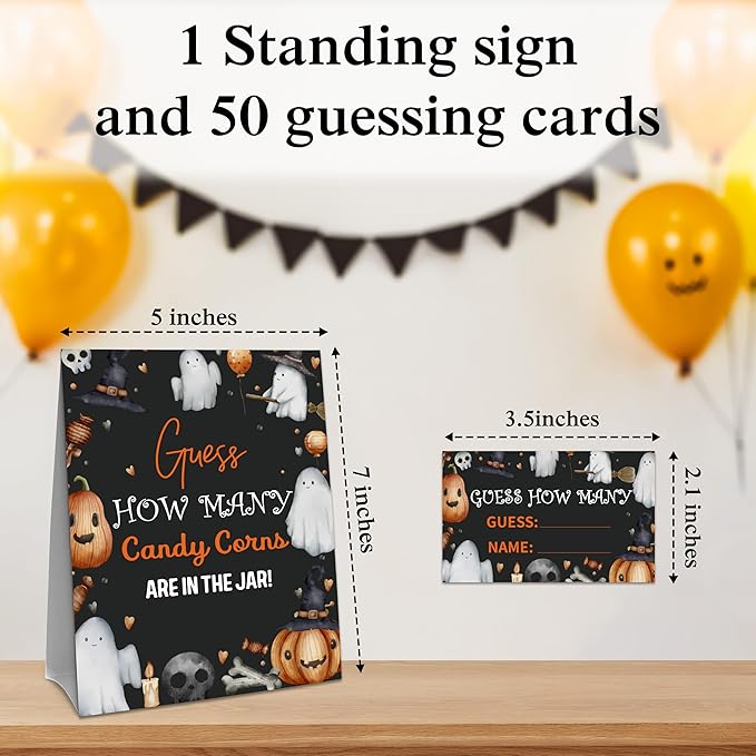 Halloween How Many Candy Corns Are In The Jar - 1 Standing Sign & 50 Guessing Cards - Halloween Ghosts Party Game & Decoration For Boys, Girls, Adults - Baby Shower, Birthday Game Set - A03