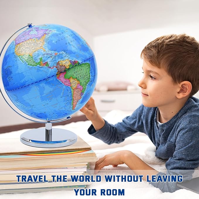 World Globe for Children and Adults, 12 inch Educational Spinning Earth Map with Stand, Self-Assembled Interactive World Globes for Kids Learning, Classroom, Students Desk, Room and Office Decor